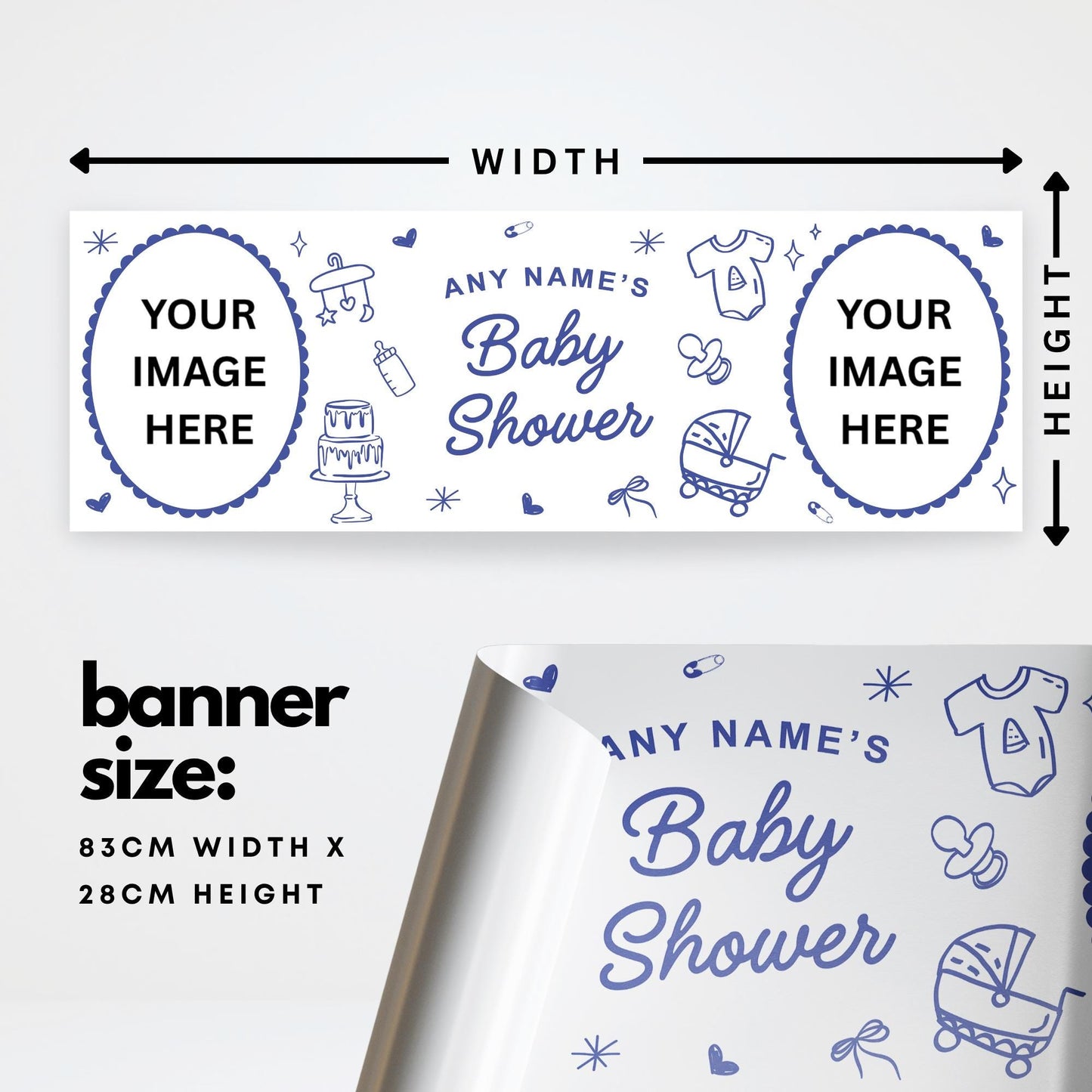 Personalised Baby Shower Banner | Baby Shower Doodles Banner | Custom Name & 12 Photos | Playful Line Art | Blue coquette Party backdrop