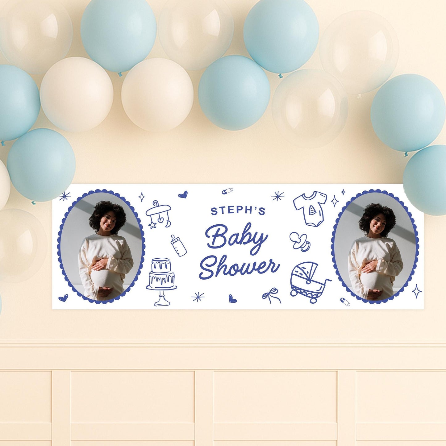 Personalised Baby Shower Banner | Baby Shower Doodles Banner | Custom Name & 12 Photos | Playful Line Art | Blue coquette Party backdrop