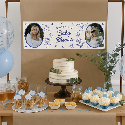 Personalised Baby Shower Banner | Baby Shower Doodles Banner | Custom Name & 12 Photos | Playful Line Art | Blue coquette Party backdrop