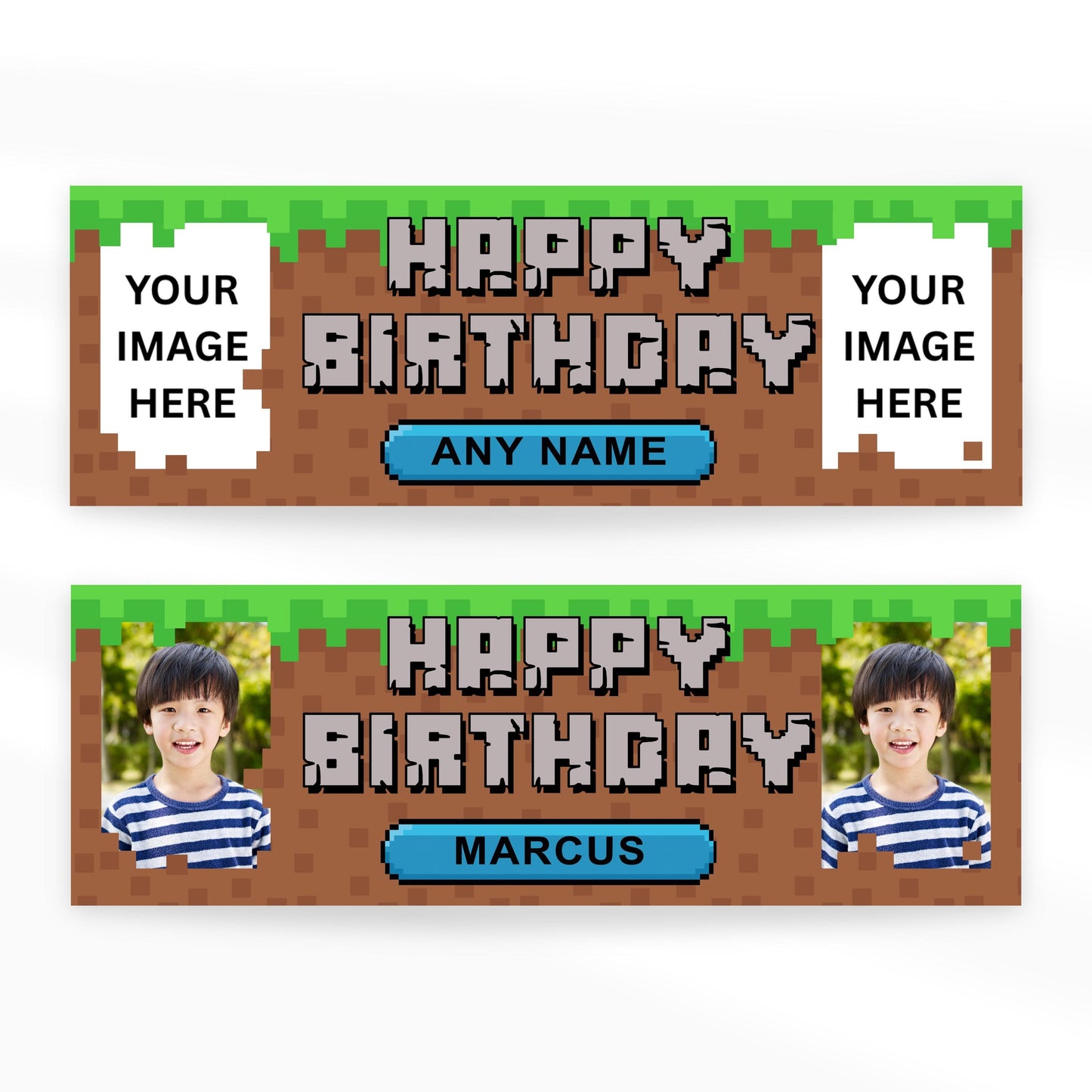 Personalised Birthday Banner - Block Game | Custom Name & Photo | Game Inspired Banner | Pixel Game | Gamer Birthday Party decor for kids