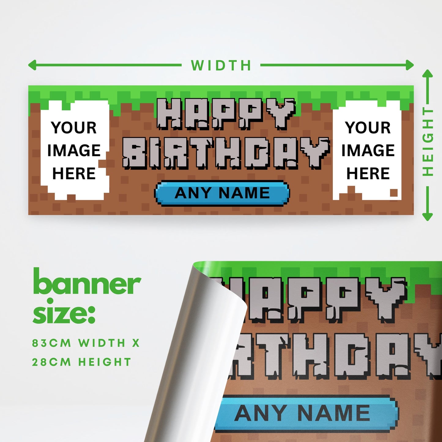 Personalised Birthday Banner - Block Game | Custom Name & Photo | Game Inspired Banner | Pixel Game | Gamer Birthday Party decor for kids