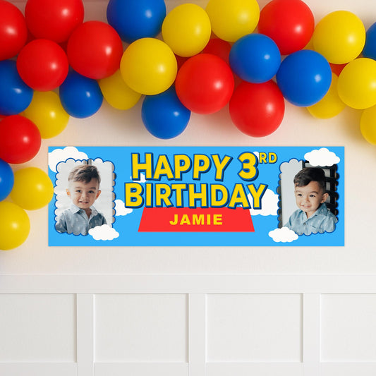 Personalised Birthday Banner - Toy Land | Custom Name & Photo | Toy-Inspired Banner | Colourful Cartoon Style Birthday Party Decor for Kids