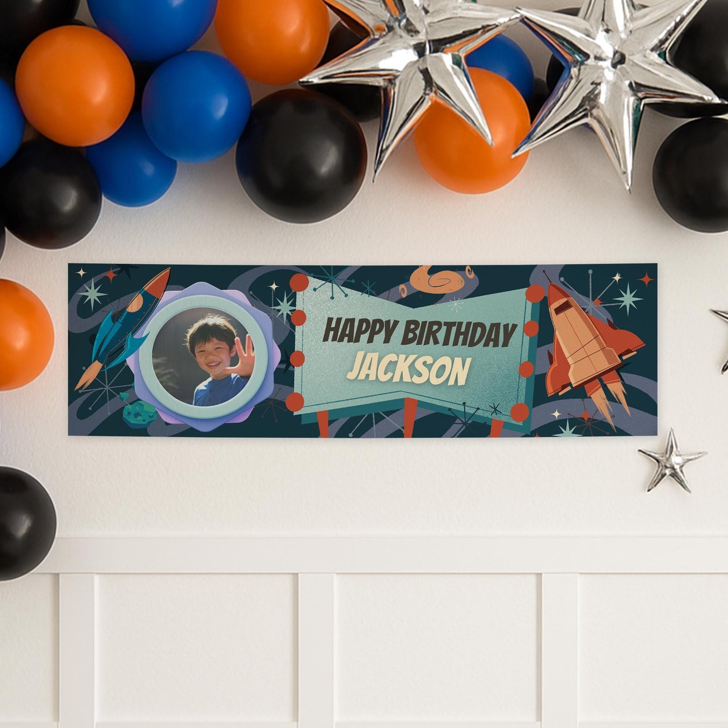 Personalised Space Birthday Banner  Rocket & Galaxy Theme with Custom Name and Photo | Outer Space Party Decoration, Party Decor for Kids