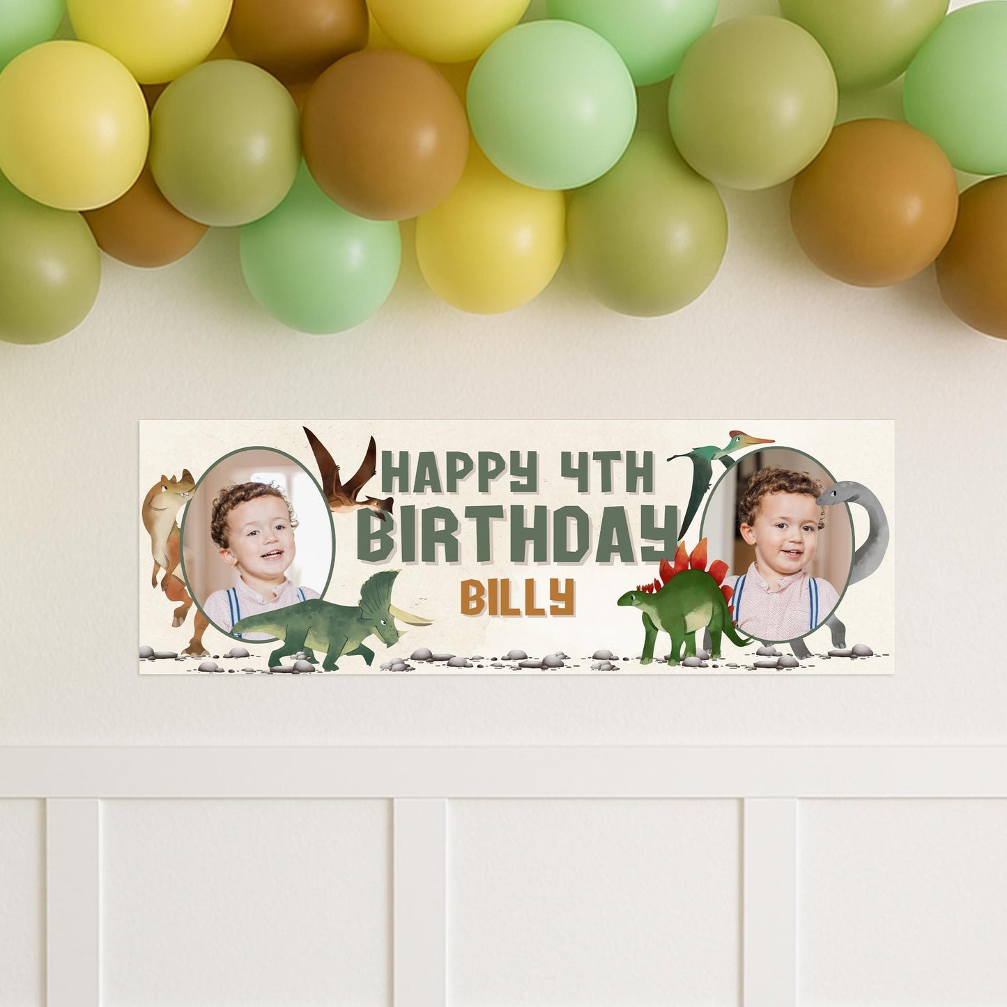 Personalised Dinosaur Birthday Banner  Custom Name & Photo | Colourful Watercolour Kids Dino Party Decoration, Birthday Banner for Boys