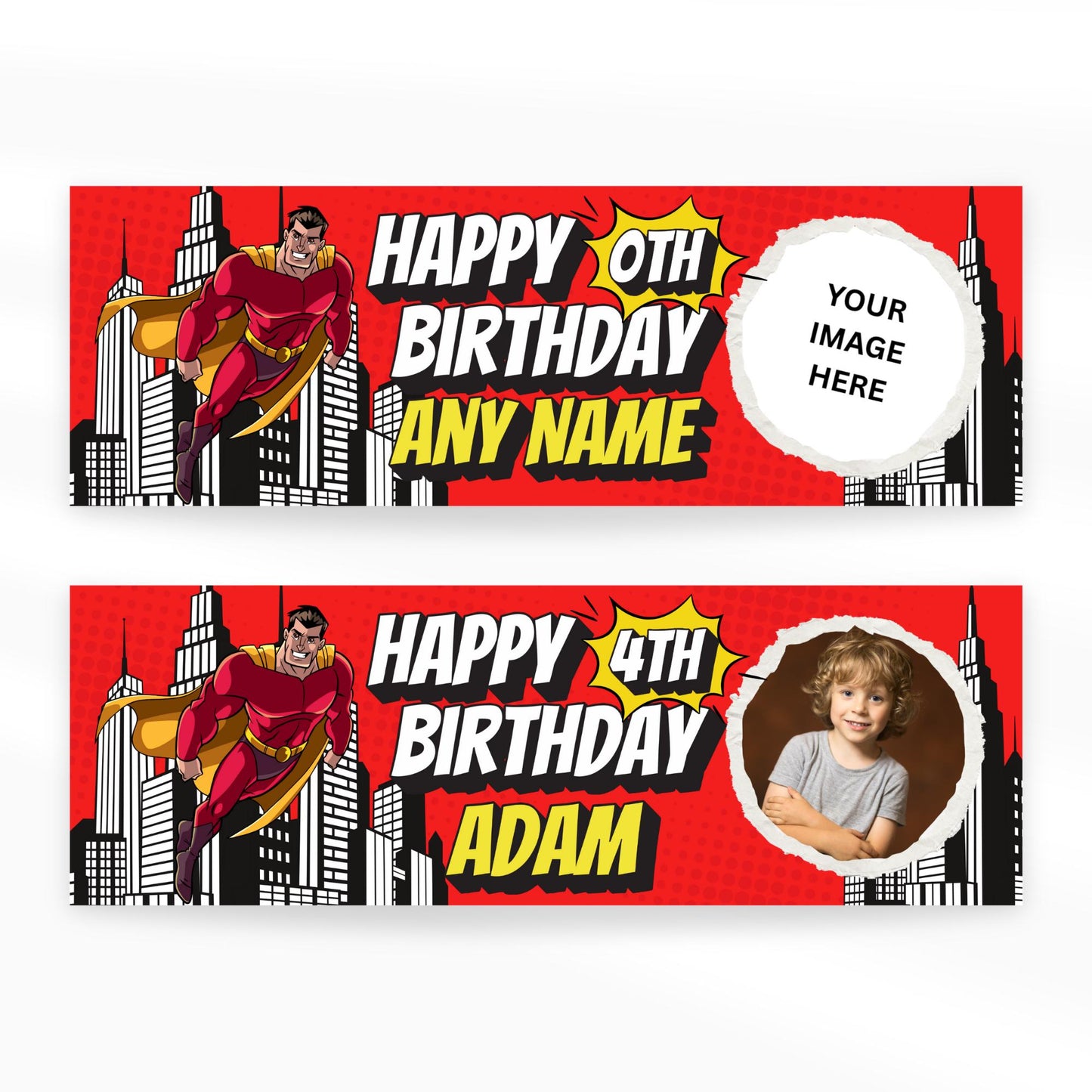 Personalised Superhero Birthday Banner with Photo  Custom Party Decoration for Kids, Red & Yellow Comic Style, Birthday Banner for Boys