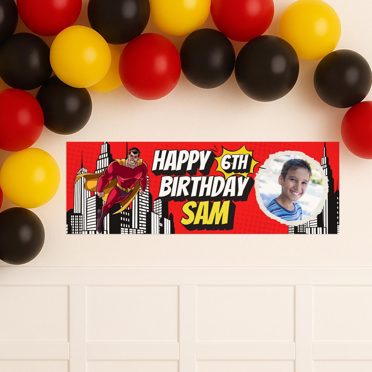 Personalised Superhero Birthday Banner with Photo  Custom Party Decoration for Kids, Red & Yellow Comic Style, Birthday Banner for Boys