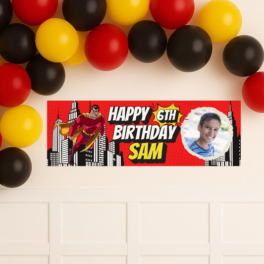 Personalised Superhero Birthday Banner with Photo  Custom Party Decoration for Kids, Red & Yellow Comic Style, Birthday Banner for Boys