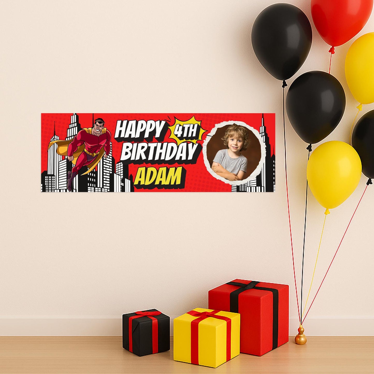 Personalised Superhero Birthday Banner with Photo  Custom Party Decoration for Kids, Red & Yellow Comic Style, Birthday Banner for Boys