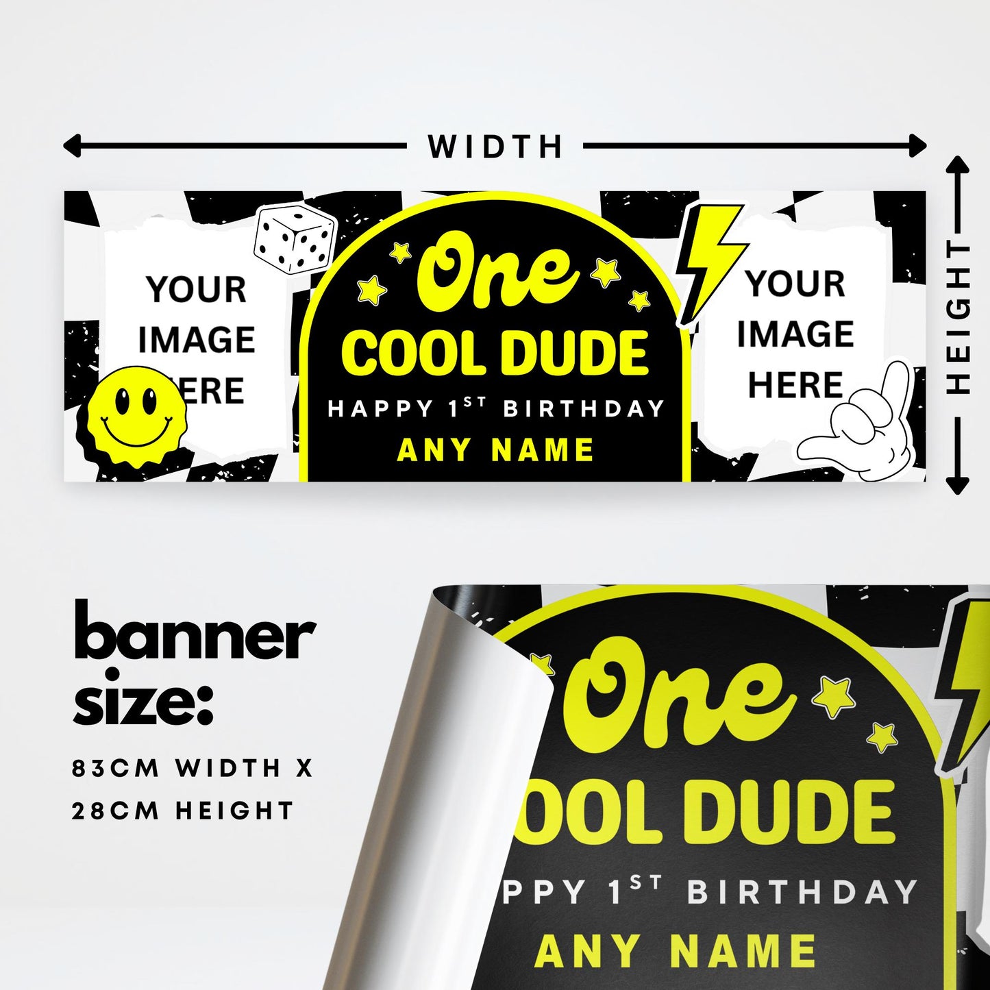 Personalised 1st Birthday Banner For Kids - "One Cool Dude" | Skater Checkered Theme | Custom Name & Photo | Birthday Party Decor for Boys