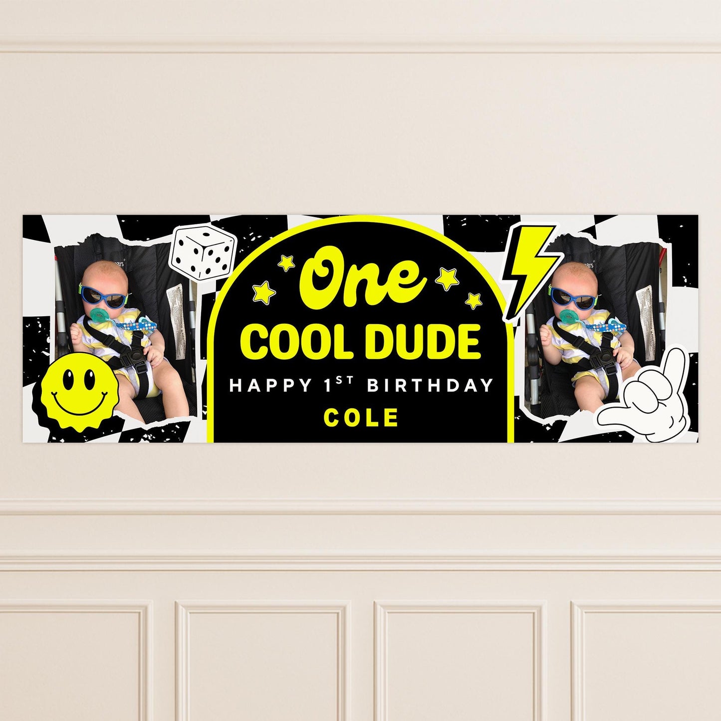 Personalised 1st Birthday Banner For Kids - "One Cool Dude" | Skater Checkered Theme | Custom Name & Photo | Birthday Party Decor for Boys