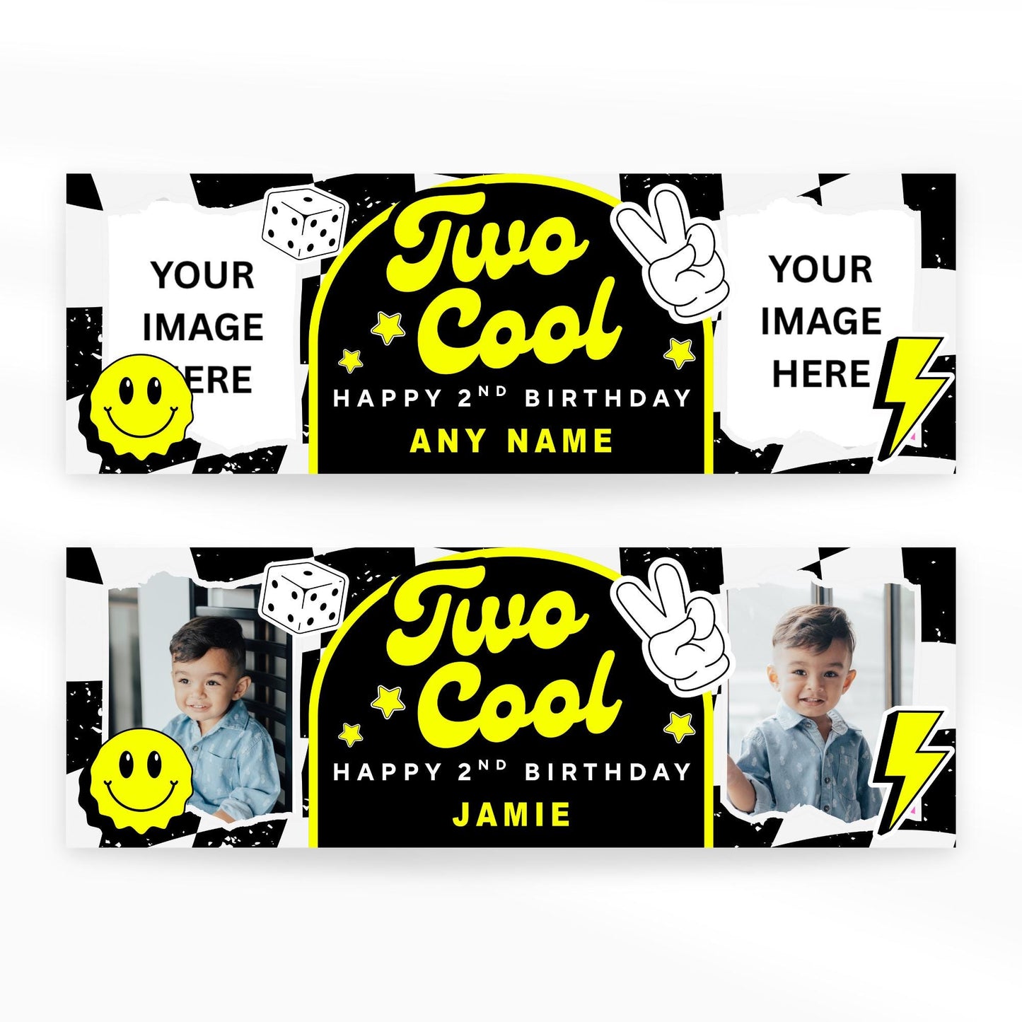 Personalised 2nd Birthday Banner For Kids - "Two Cool" | Skater Checkered Theme | Custom Name & Photo | Birthday Party Decor for Boys