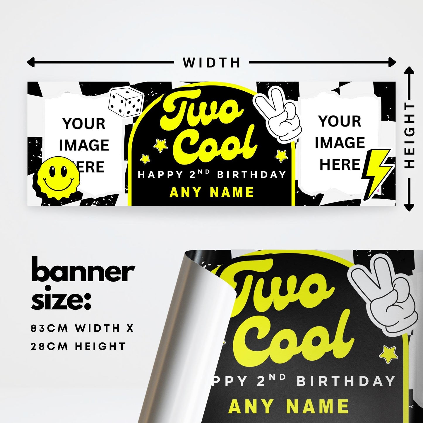Personalised 2nd Birthday Banner For Kids - "Two Cool" | Skater Checkered Theme | Custom Name & Photo | Birthday Party Decor for Boys