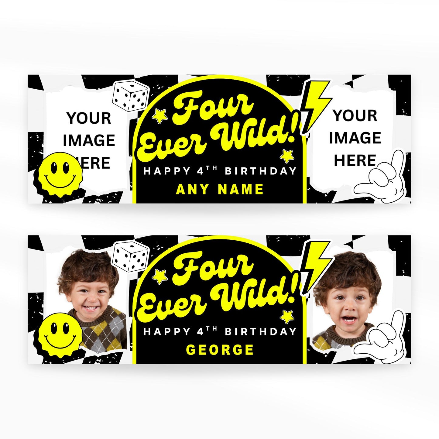 Personalised 4th Birthday Banner For Kids - "Four Ever Wild" | Skater Checkered Theme | Custom Name & Photo | Birthday Party Decor for Boys