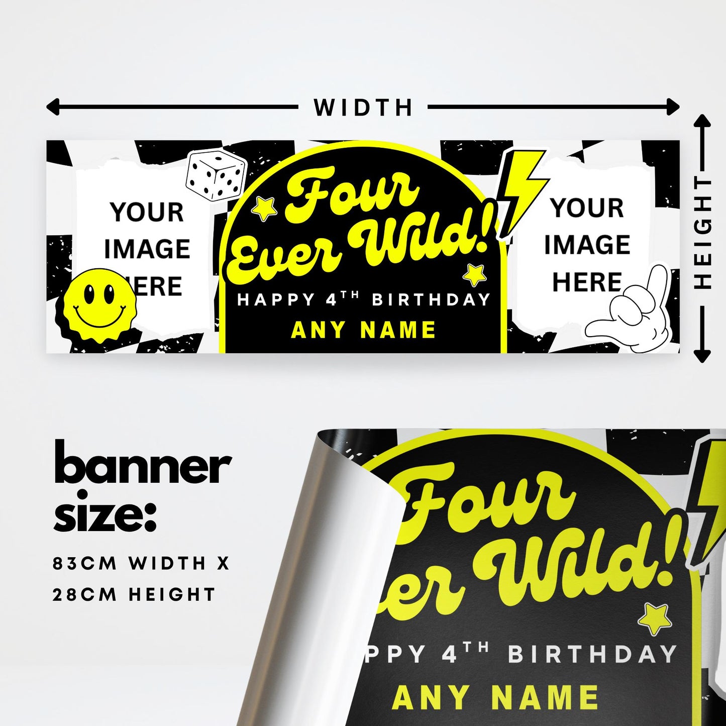Personalised 4th Birthday Banner For Kids - "Four Ever Wild" | Skater Checkered Theme | Custom Name & Photo | Birthday Party Decor for Boys