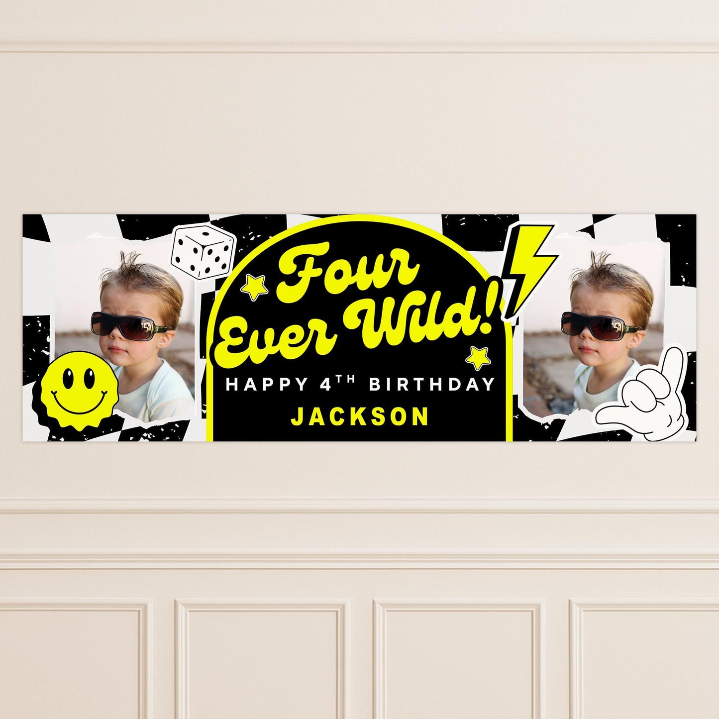 Personalised 4th Birthday Banner For Kids - "Four Ever Wild" | Skater Checkered Theme | Custom Name & Photo | Birthday Party Decor for Boys