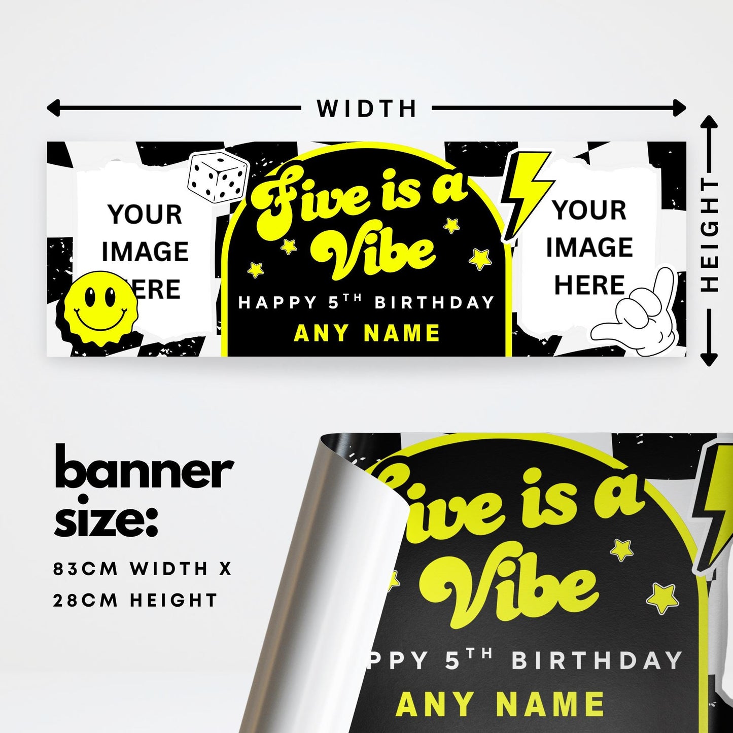 Personalised 5th Birthday Banner For Kids - "Five Is A Vibe" | Skater Checkered Theme | Custom Name & Photo | Birthday Party Decor For Boys