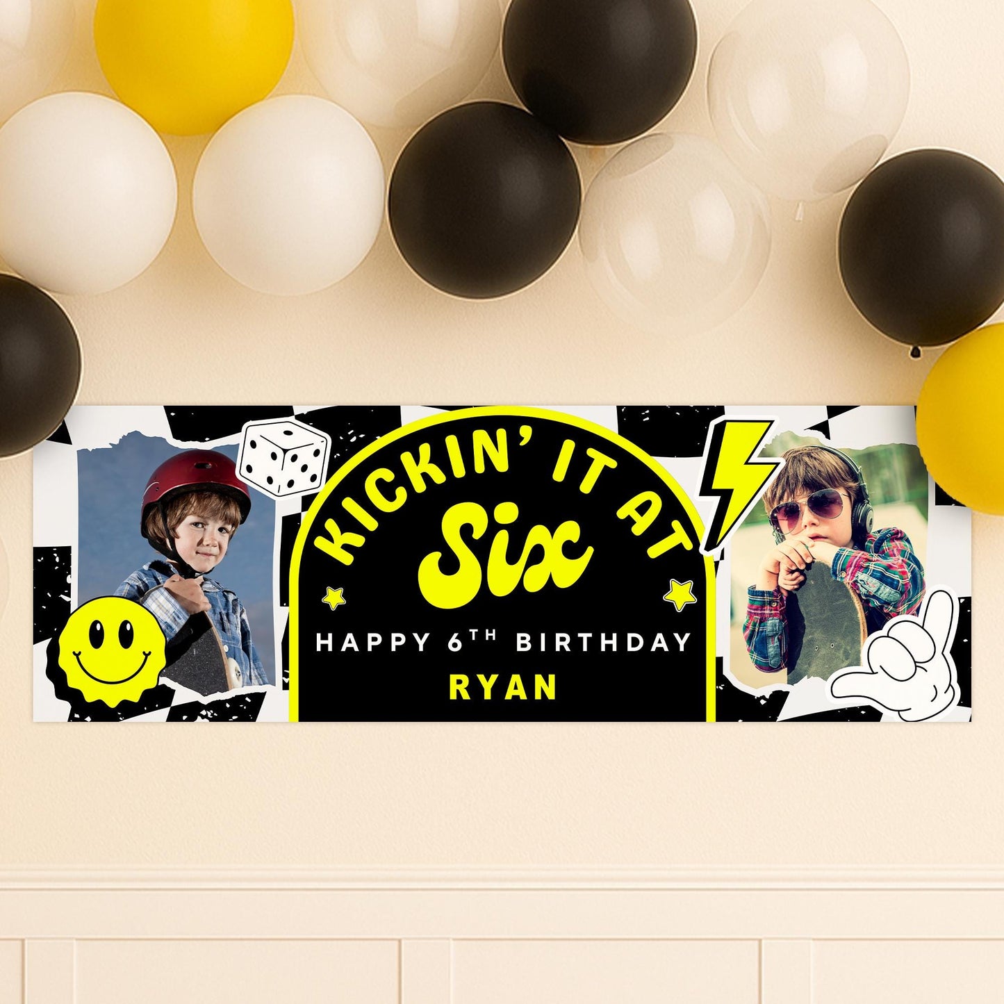 Personalised 6th Birthday Banner For Kids - "Kickin It At Six" | Skater Checkered Theme | Custom Name & Photo | Boys Birthday Party Decor