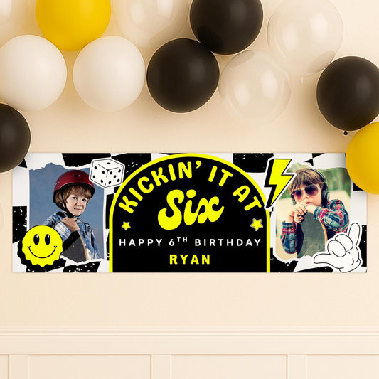 Personalised 6th Birthday Banner For Kids - "Kickin It At Six" | Skater Checkered Theme | Custom Name & Photo | Boys Birthday Party Decor