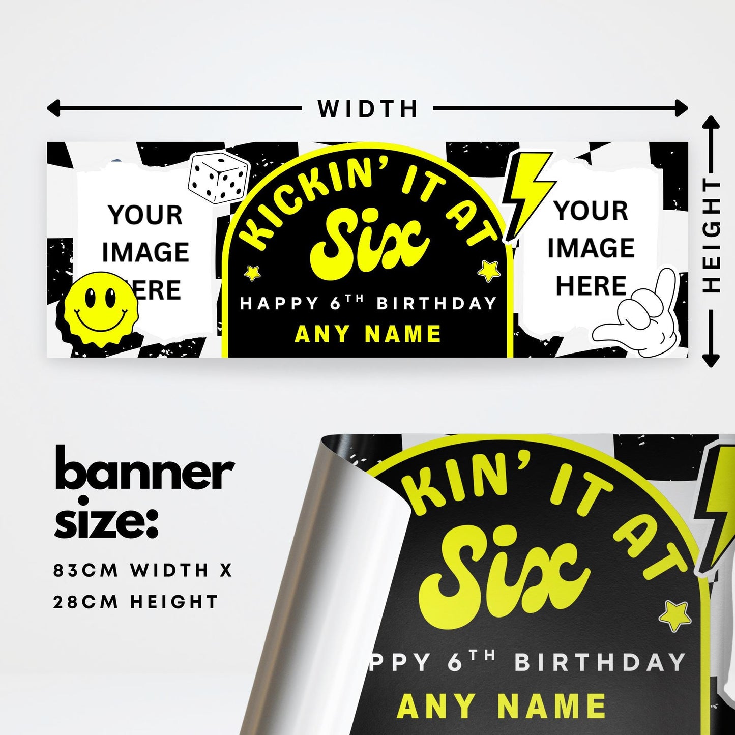 Personalised 6th Birthday Banner For Kids - "Kickin It At Six" | Skater Checkered Theme | Custom Name & Photo | Boys Birthday Party Decor