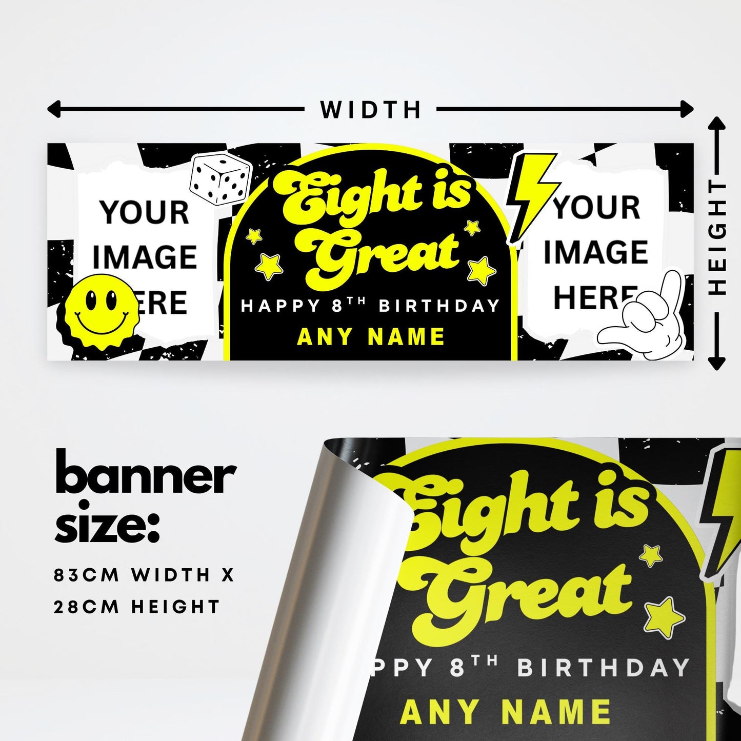Personalised 8th Birthday Banner For Kids - "Eight Is Great" | Skater Checkered Theme | Custom Name & Photo | Boys Birthday Party Decor