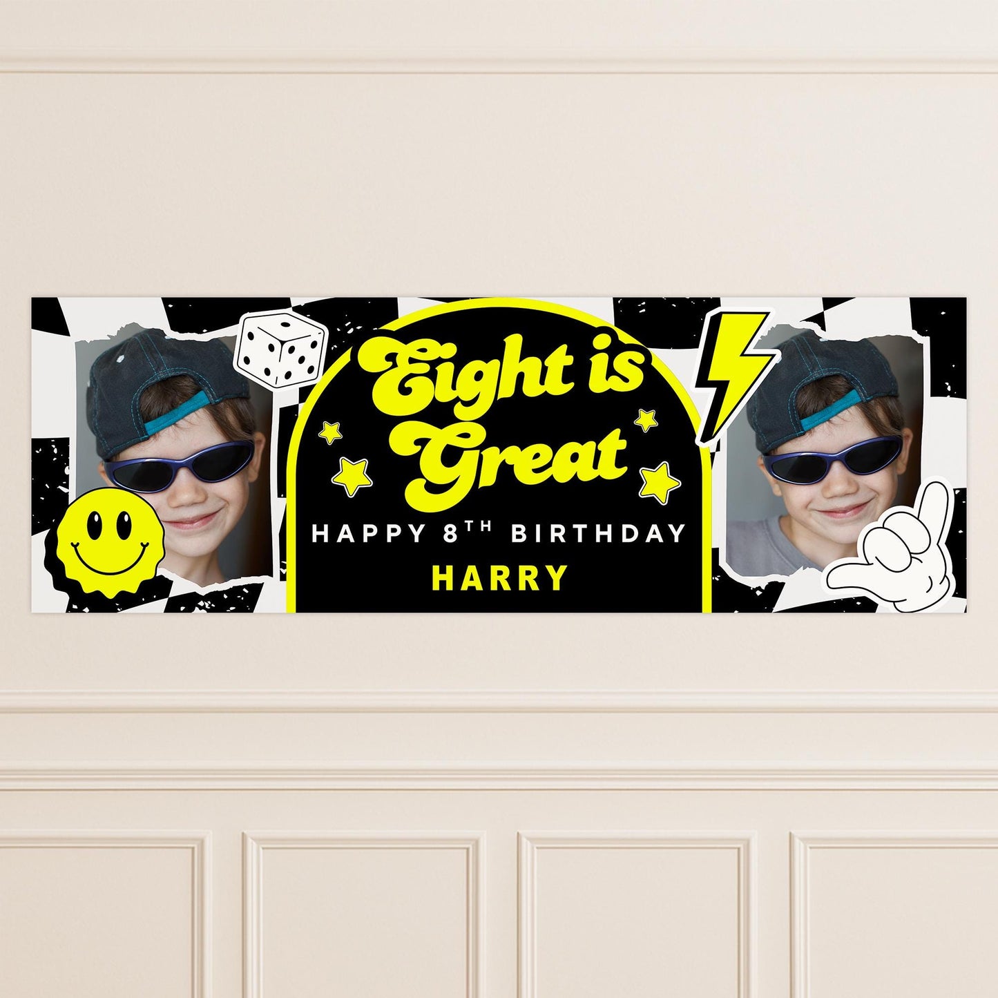 Personalised 8th Birthday Banner For Kids - "Eight Is Great" | Skater Checkered Theme | Custom Name & Photo | Boys Birthday Party Decor