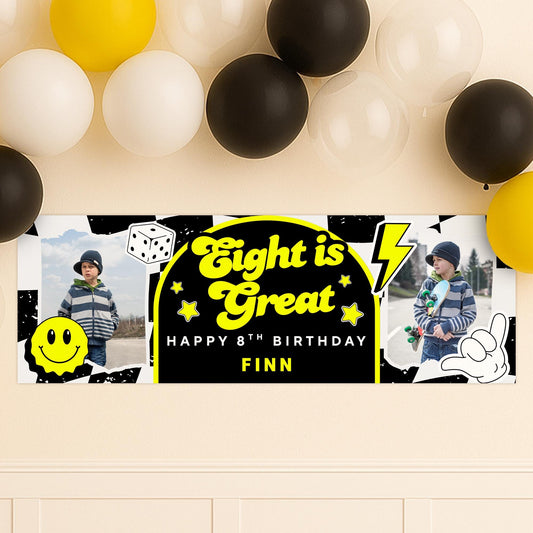 Personalised 8th Birthday Banner For Kids - "Eight Is Great" | Skater Checkered Theme | Custom Name & Photo | Boys Birthday Party Decor