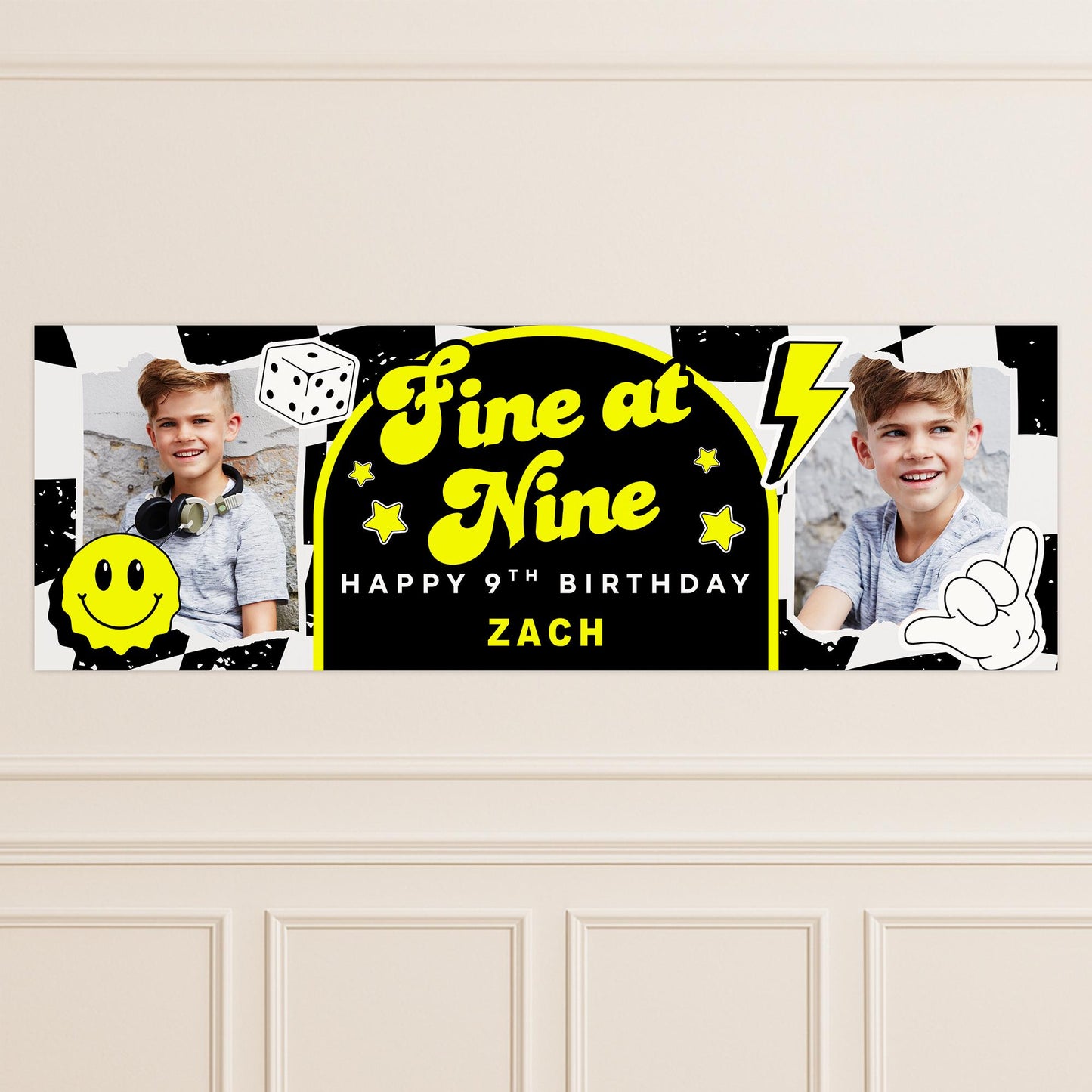 Personalised 9th Birthday Banner For Kids - "Fine At Nine" | Skater Checkered Theme | Custom Name & Photo | Boys Birthday Party Decor
