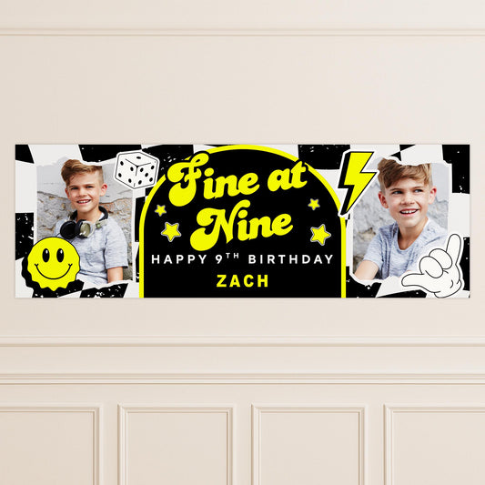 Personalised 9th Birthday Banner For Kids - "Fine At Nine" | Skater Checkered Theme | Custom Name & Photo | Boys Birthday Party Decor