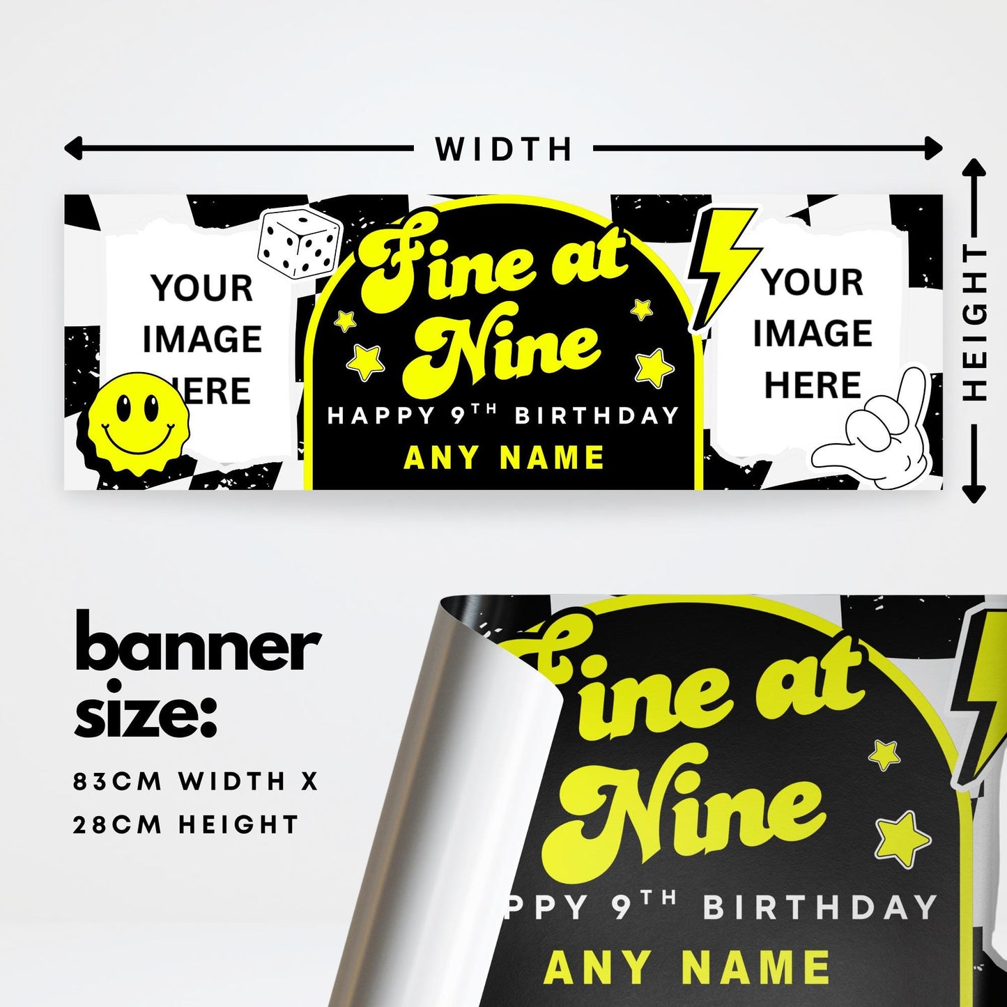Personalised 9th Birthday Banner For Kids - "Fine At Nine" | Skater Checkered Theme | Custom Name & Photo | Boys Birthday Party Decor