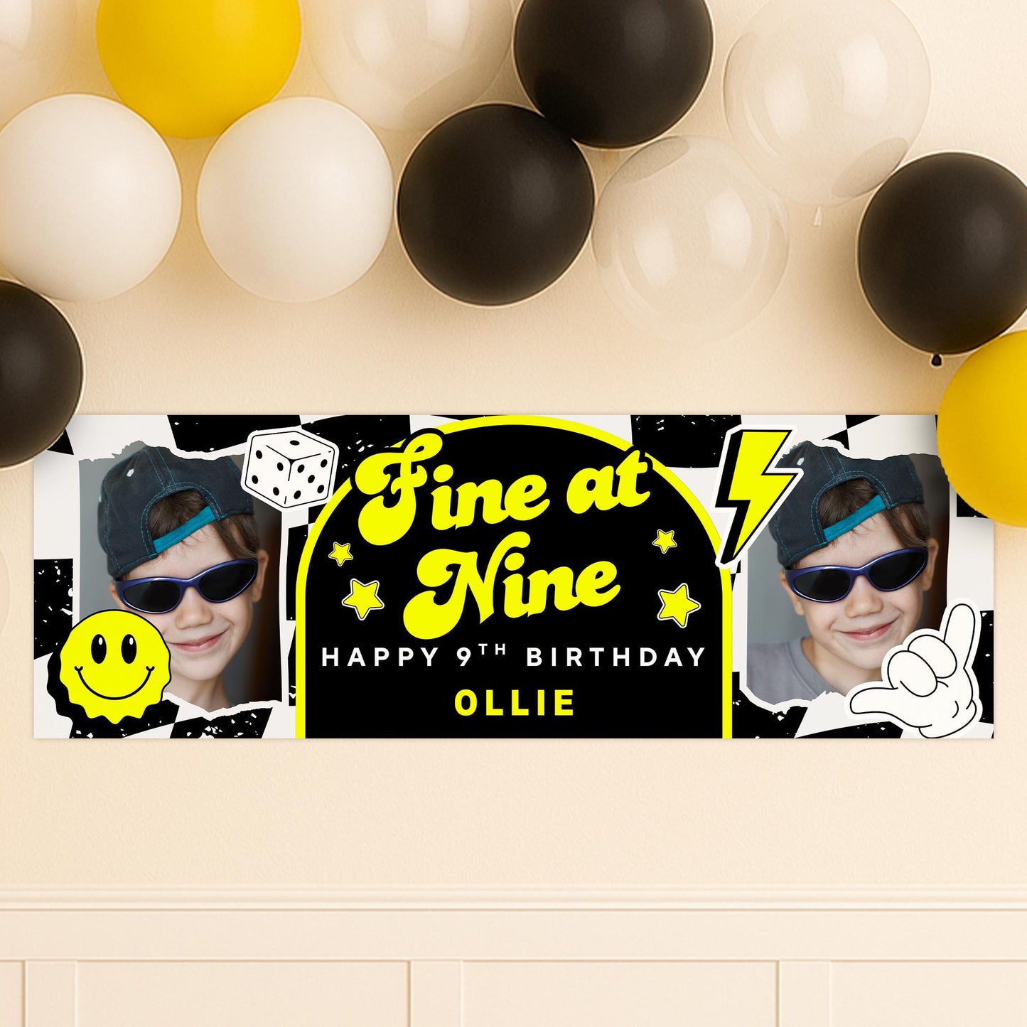 Personalised 9th Birthday Banner For Kids - "Fine At Nine" | Skater Checkered Theme | Custom Name & Photo | Boys Birthday Party Decor