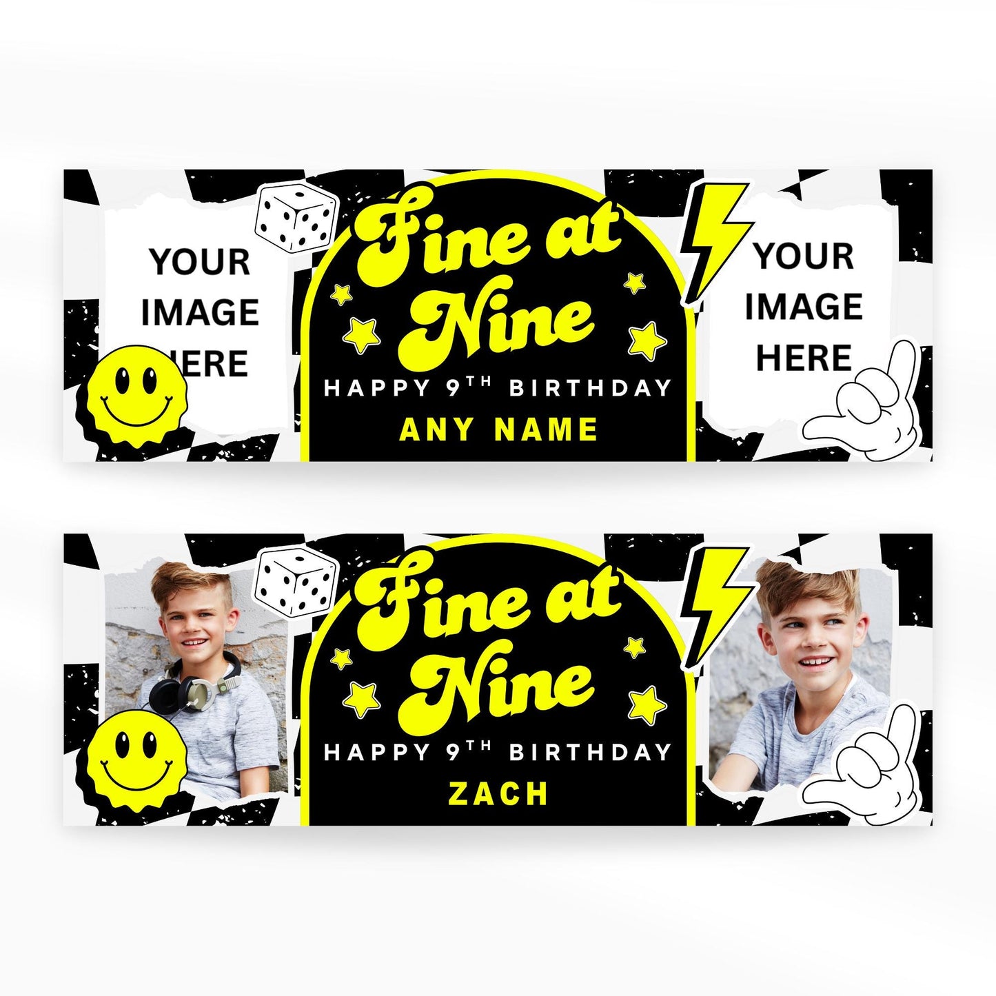 Personalised 9th Birthday Banner For Kids - "Fine At Nine" | Skater Checkered Theme | Custom Name & Photo | Boys Birthday Party Decor