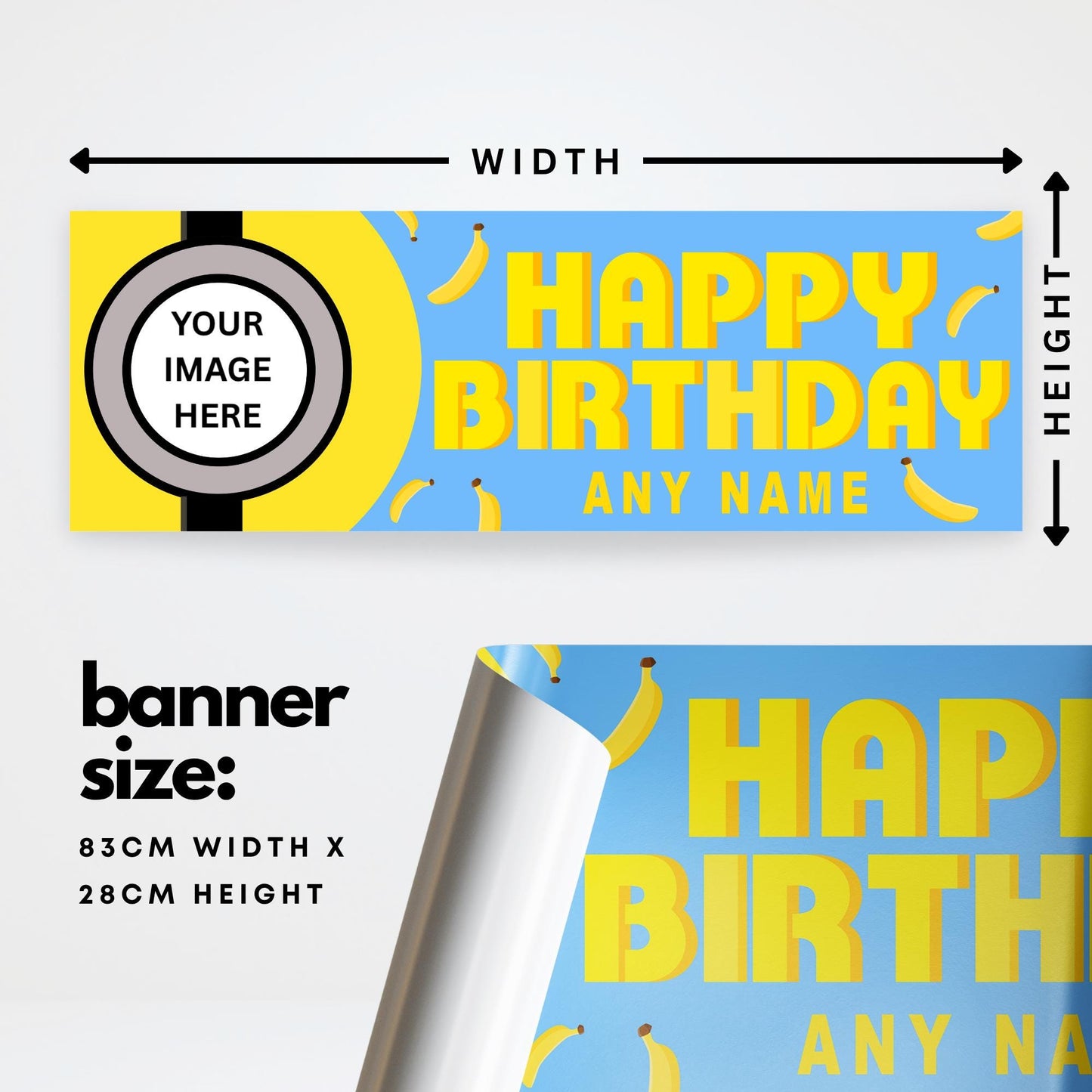 Personalised Birthday Banner - Bello Banana | Cartoon Theme | Blue and Yellow Decor | Custom Name & Photo | Meme Birthday Party Decor