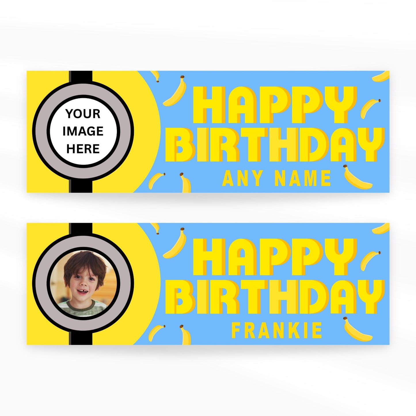 Personalised Birthday Banner - Bello Banana | Cartoon Theme | Blue and Yellow Decor | Custom Name & Photo | Meme Birthday Party Decor