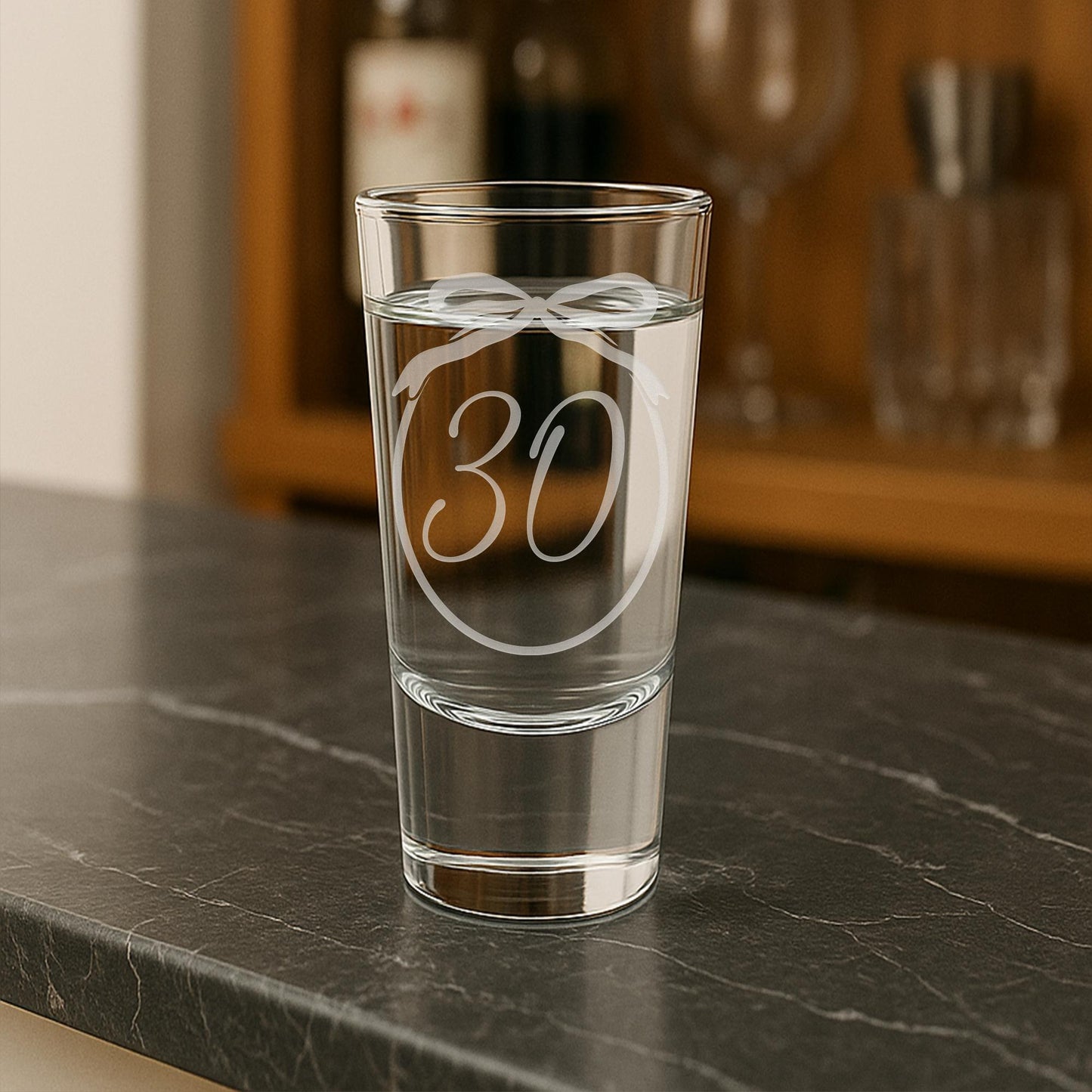 Personalised Birthday Shot Glass | Custom Age - Ribbon Bow Frame | Milestone Birthday Gift | Custom Engraved Keepsake for Her 18th