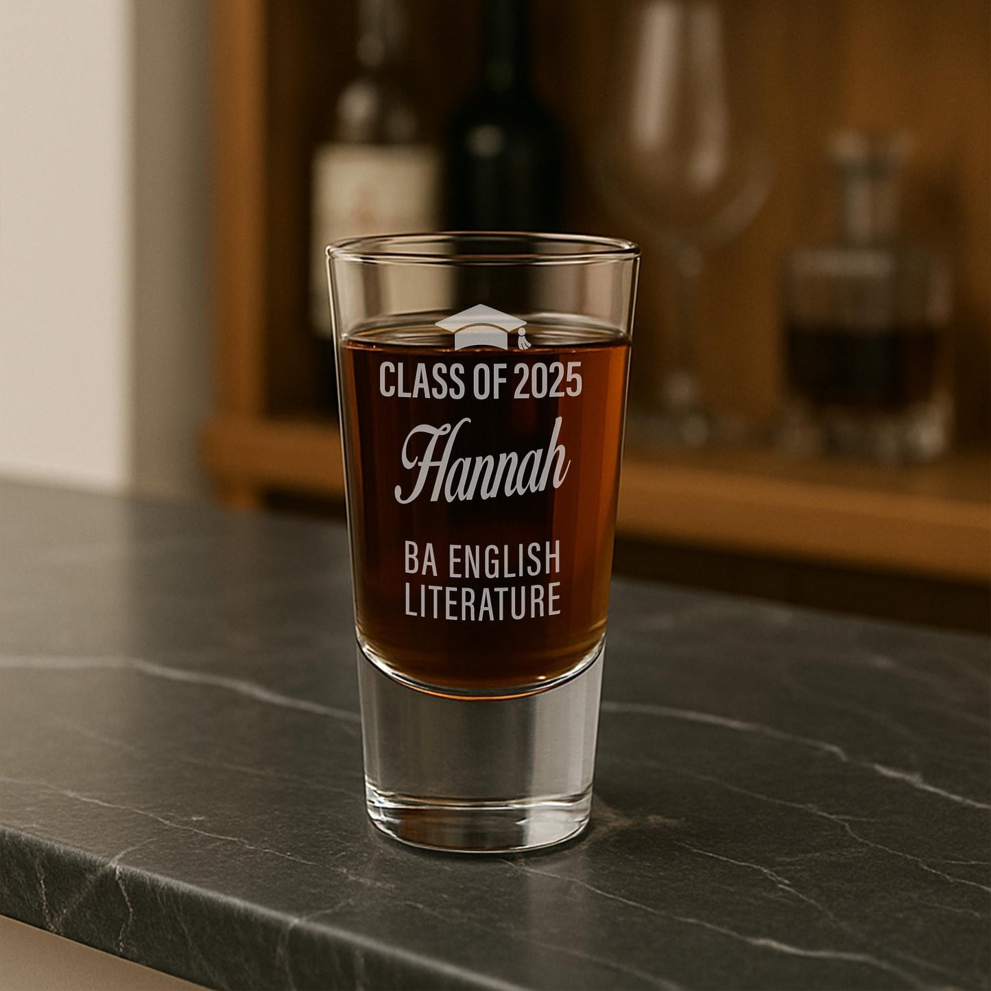 Personalised Graduation Shot Glass  Class Of, Name & Degree | Custom Engraved Gift | Graduation Gift | Graduation Keepsake Glassware