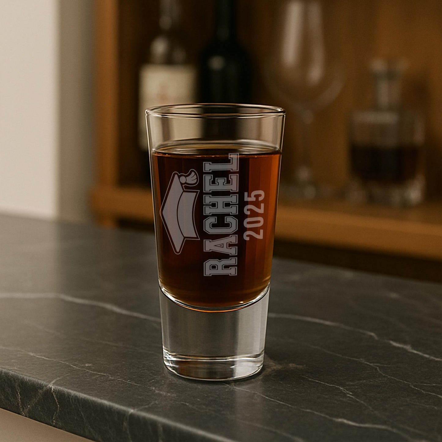 Personalised Graduation Shot Glass  College Font & Grad Cap | Custom Name and Year Engraved Shot Glass Gift | Keepsake for Graduates