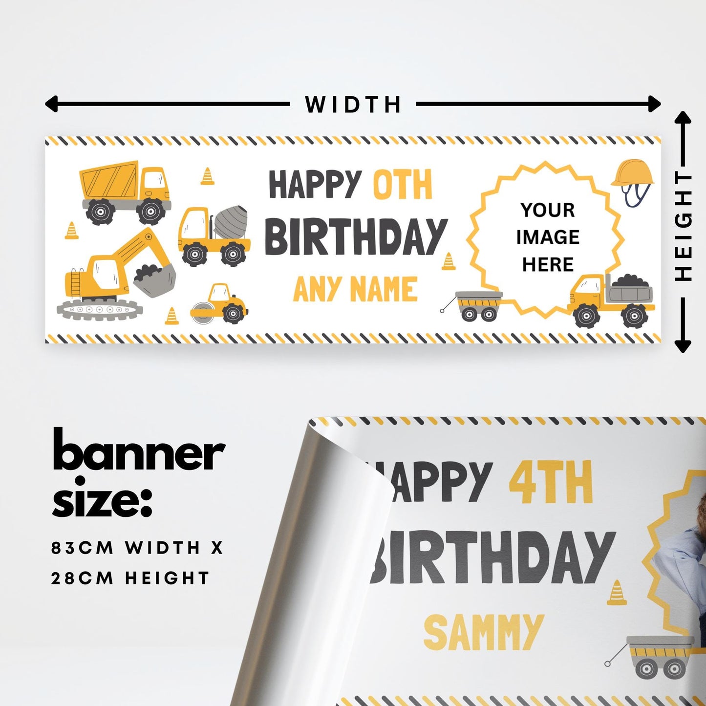 Personalised Construction Birthday Banner | Custom Name & Age, Photo | Kids Party Decoration  Yellow Digger Theme | Party Decor for Kids