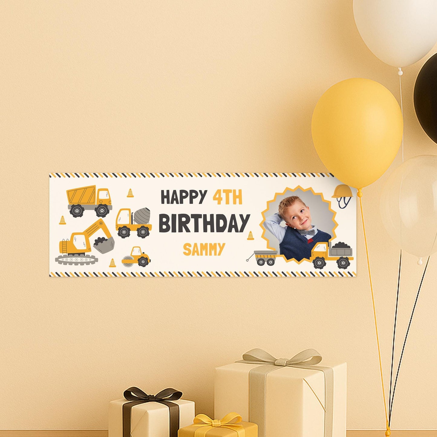 Personalised Construction Birthday Banner | Custom Name & Age, Photo | Kids Party Decoration  Yellow Digger Theme | Party Decor for Kids