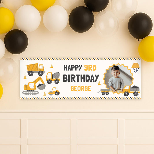 Personalised Construction Birthday Banner | Custom Name & Age, Photo | Kids Party Decoration  Yellow Digger Theme | Party Decor for Kids