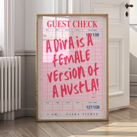 Song Poster - Diva is a Female Version of a Hustla - Check Sheet: Lyric-Inspired Print, Music-Inspired Home Decor, Typography Print For Her