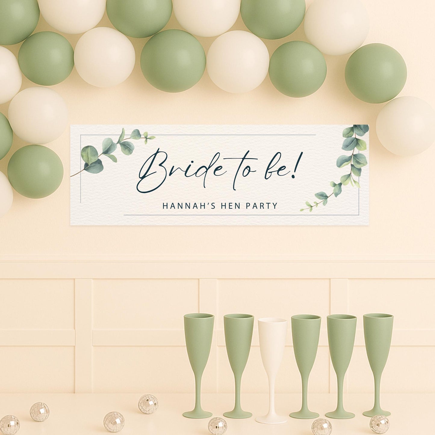 Personalised Hen Party Decoration - Bride To Be Eucalyptus Banner | Watercolour Style | Elegant Custom Hen Do or Bridal Shower Decor