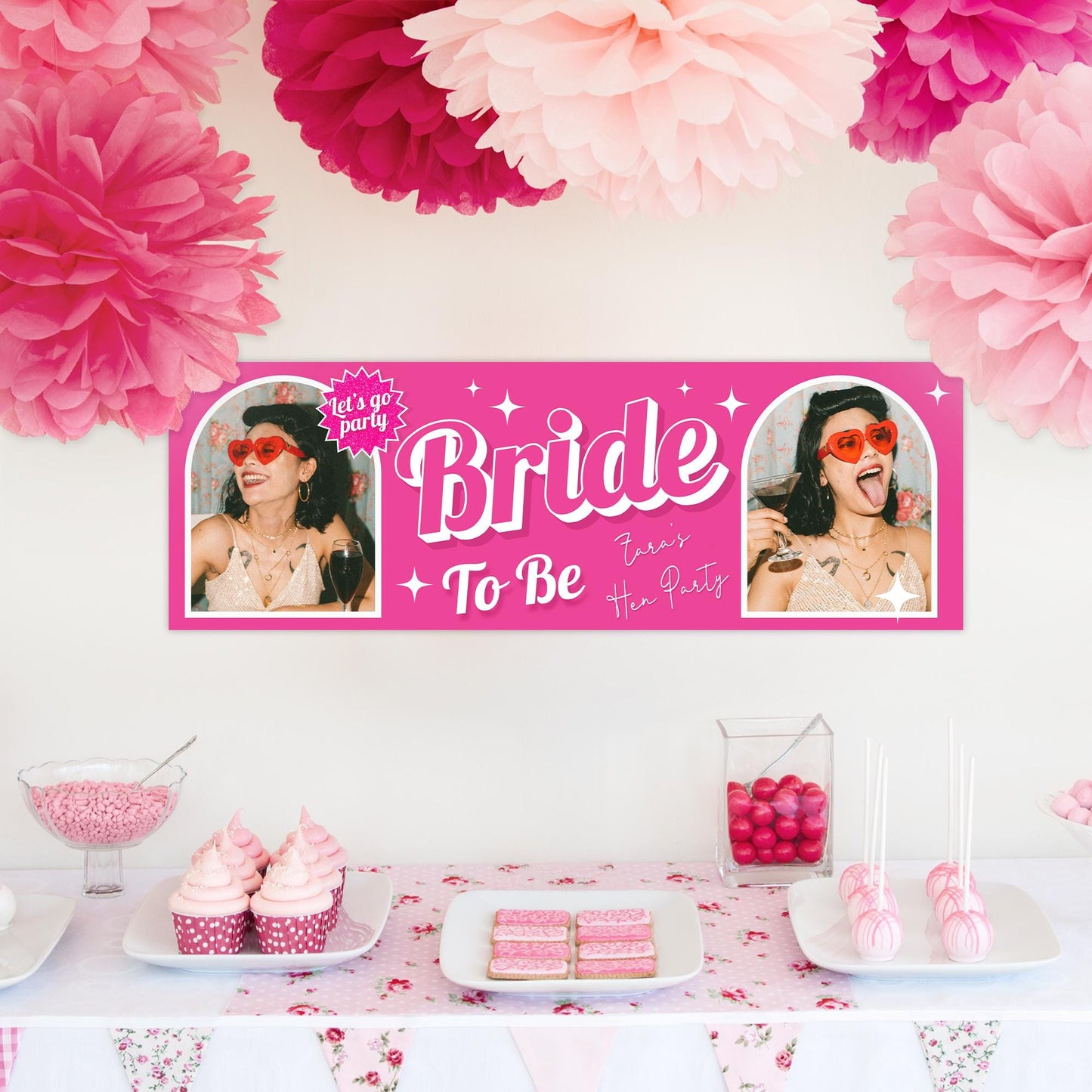 Personalised Hen Party Decor | Bride To Be | Custom Name & Photo Banner | Hot Pink Girly Hen Do Decor | Bridal Shower Party Decorations