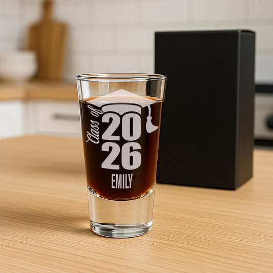 Personalised Graduation Shot Glass | “Class of [YEAR] Name & Grad Cap | Custom Gift for Graduates | Congratulations Gift for Him or Her