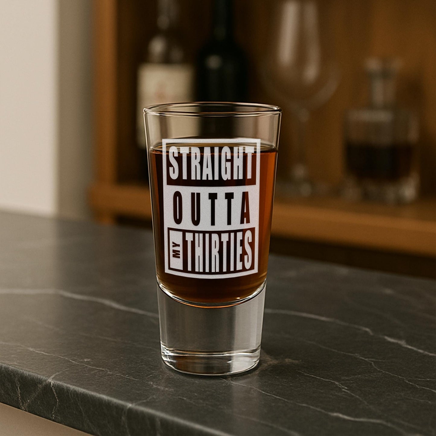 Personalised Birthday Shot Glass | Funny Double-Sided "Straight Outta [Decade]" Engraved Shot Glass | Custom Birthday Gift for Him or Her