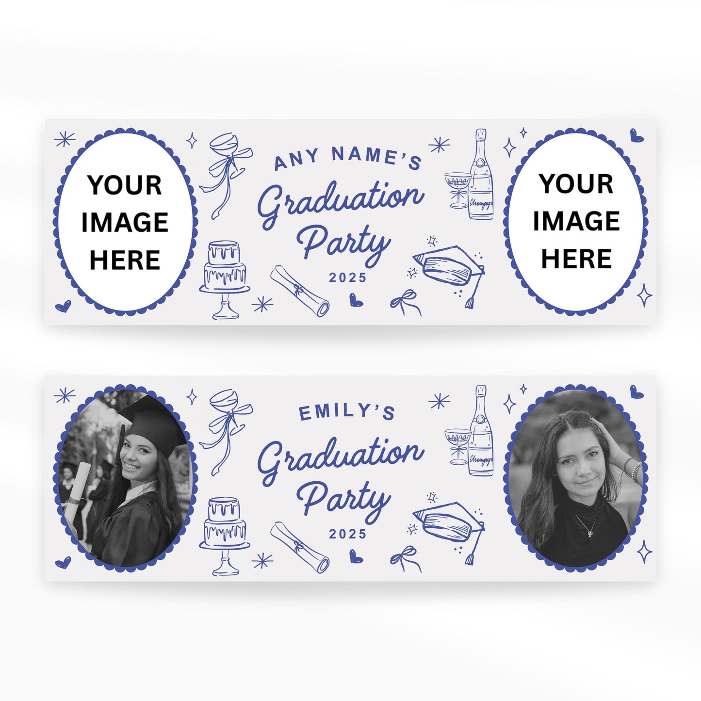 Personalised Graduation Party Banner  Doodles | Blue Coquette | Name, Year & Photos | Graduation Party Decor | University Graduate Banner