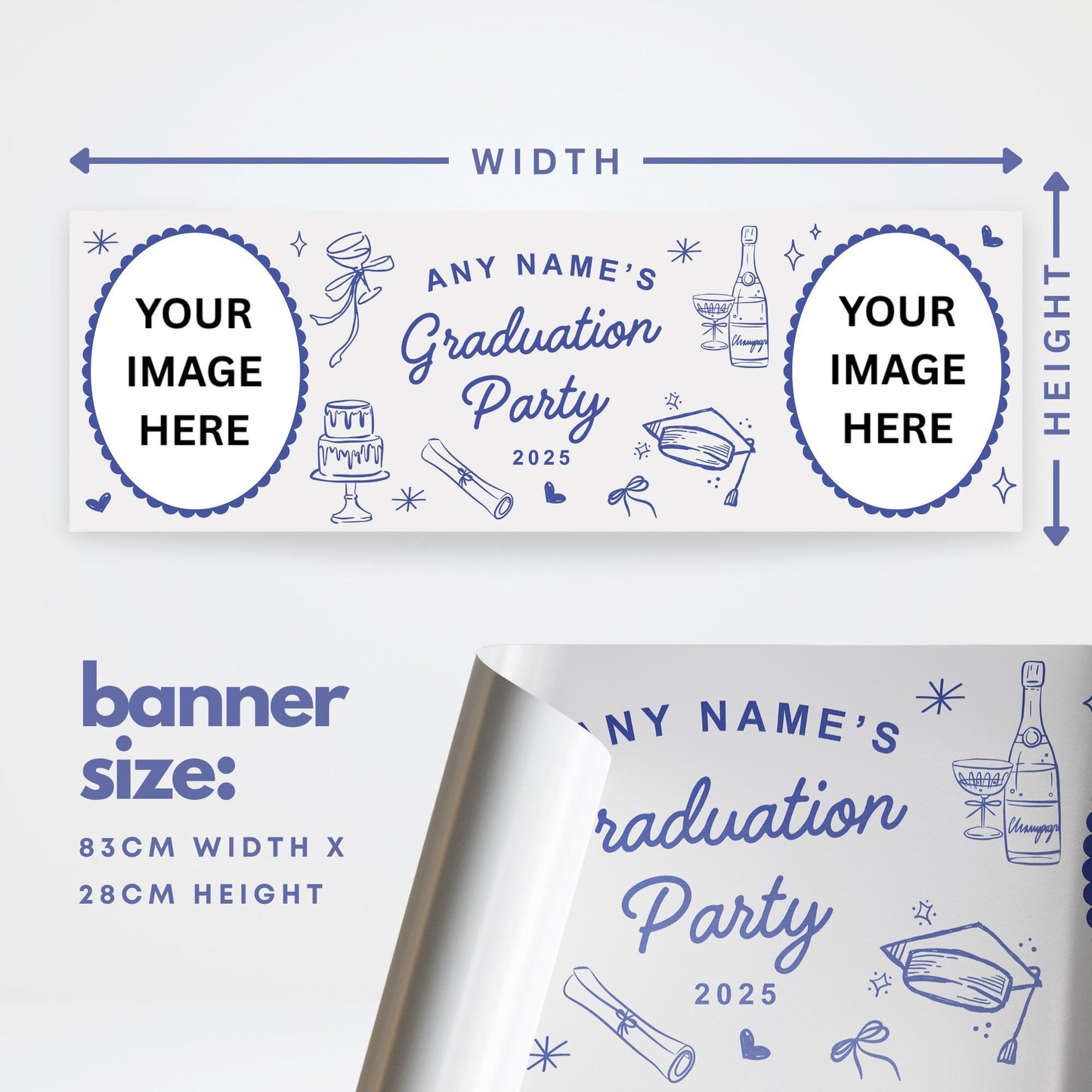 Personalised Graduation Party Banner  Doodles | Blue Coquette | Name, Year & Photos | Graduation Party Decor | University Graduate Banner