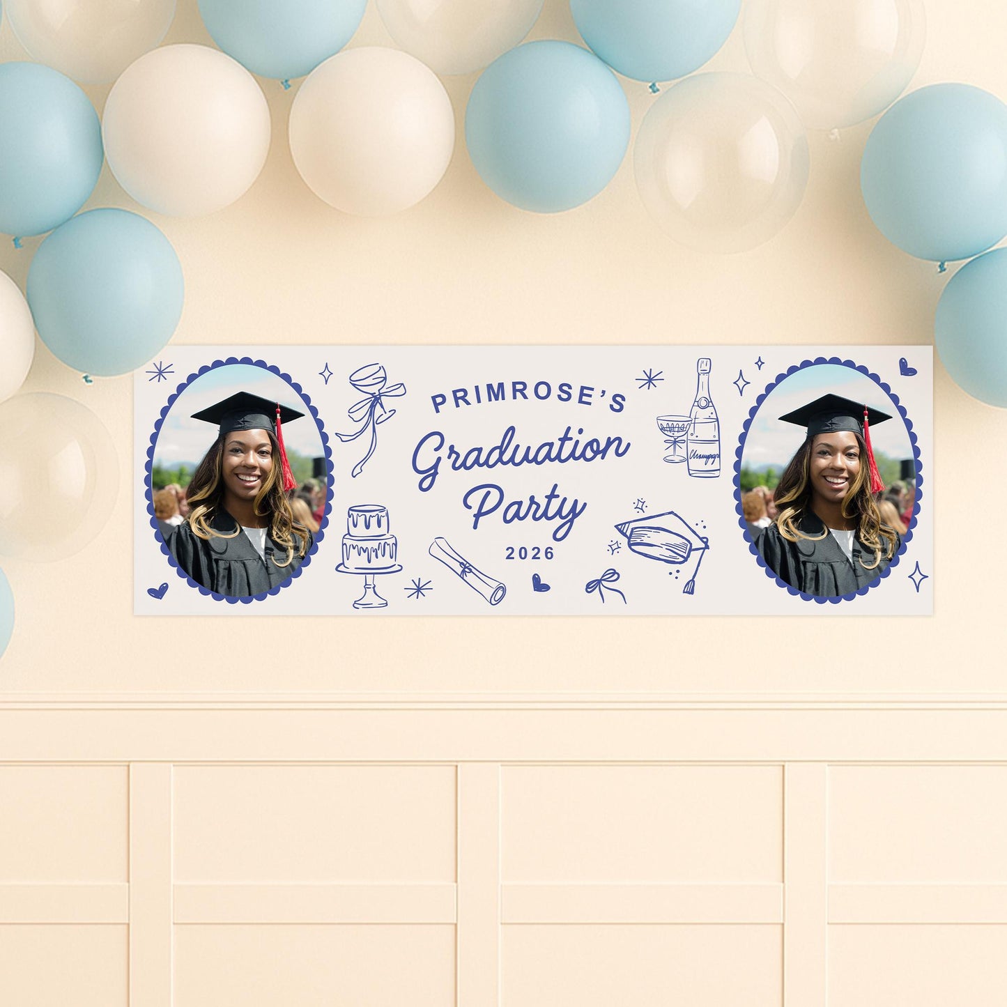 Personalised Graduation Party Banner  Doodles | Blue Coquette | Name, Year & Photos | Graduation Party Decor | University Graduate Banner