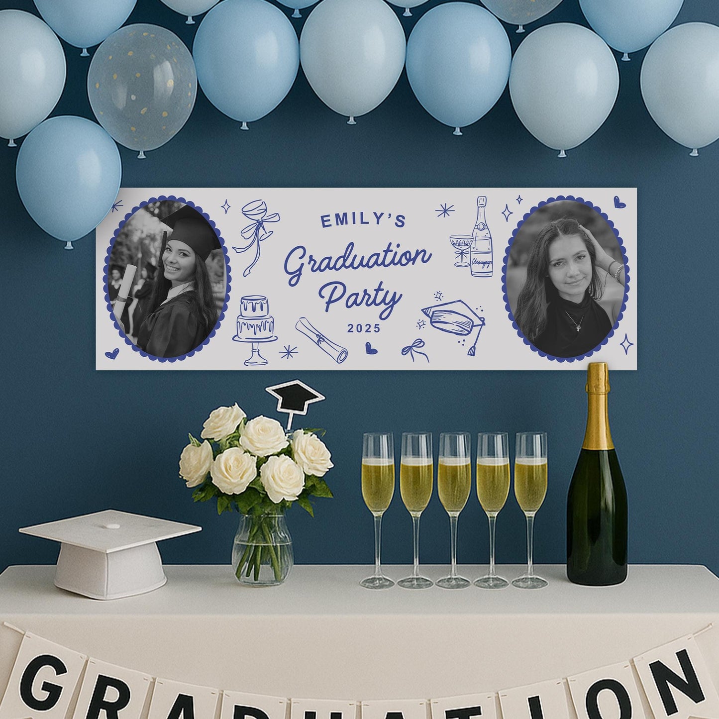 Personalised Graduation Party Banner  Doodles | Blue Coquette | Name, Year & Photos | Graduation Party Decor | University Graduate Banner