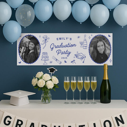 Personalised Graduation Party Banner  Doodles | Blue Coquette | Name, Year & Photos | Graduation Party Decor | University Graduate Banner