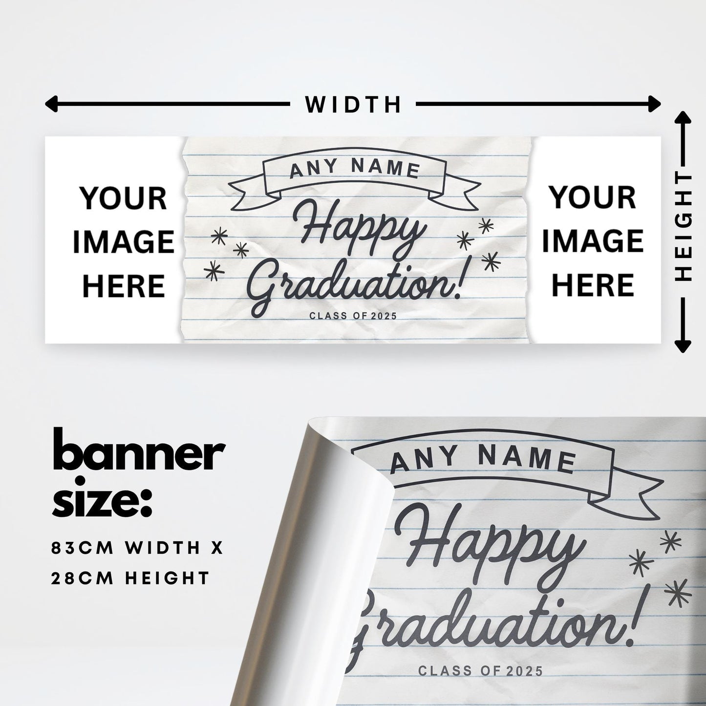 Personalised Graduation Banner  Lined Paper Design  | Name, Year & Photos | Graduation Party Decor | Class Of | University Graduate Banner